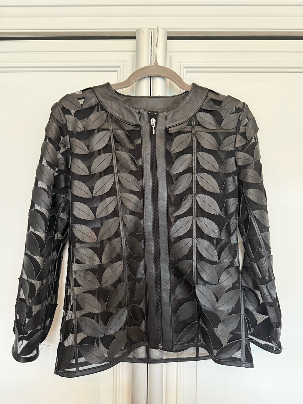 Neiman Marcus Black Leaf-Pattern Leather Jacket